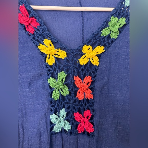Blue Poncho Beach Coverup with Colorful Floral Accents - Picture 4 of 7